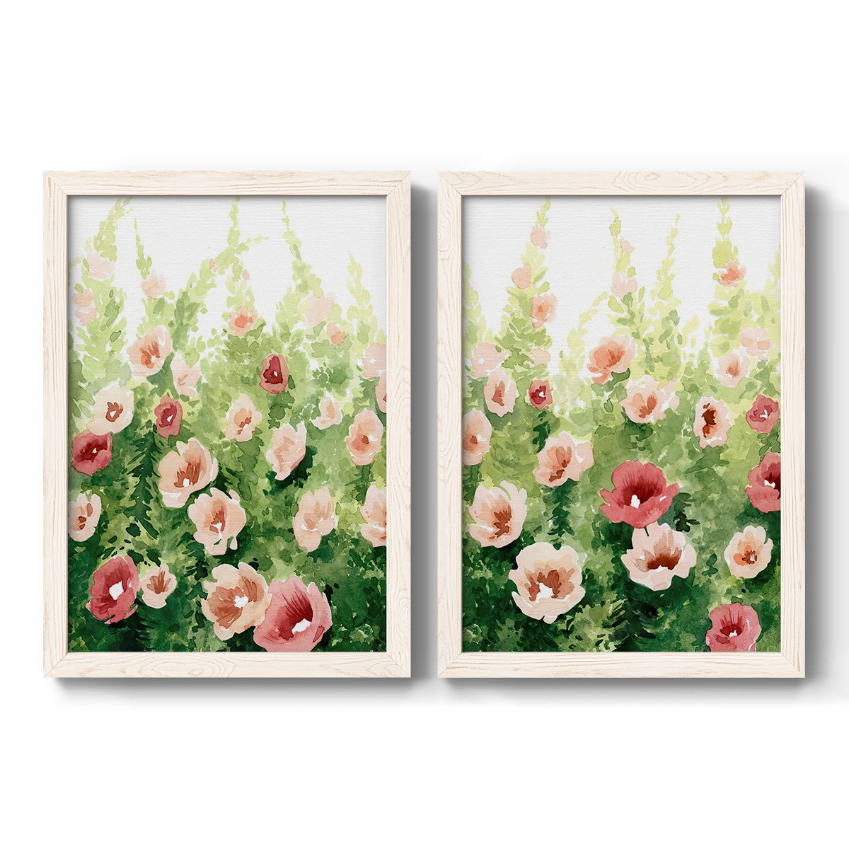 Set of two white barnwood framed canvas prints featuring two luminous impressionistic floral paintings featuring a field of pink coral and white flowers.