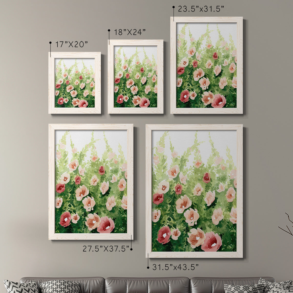 Size comparison chart for a set of two white barnwood framed canvas prints.