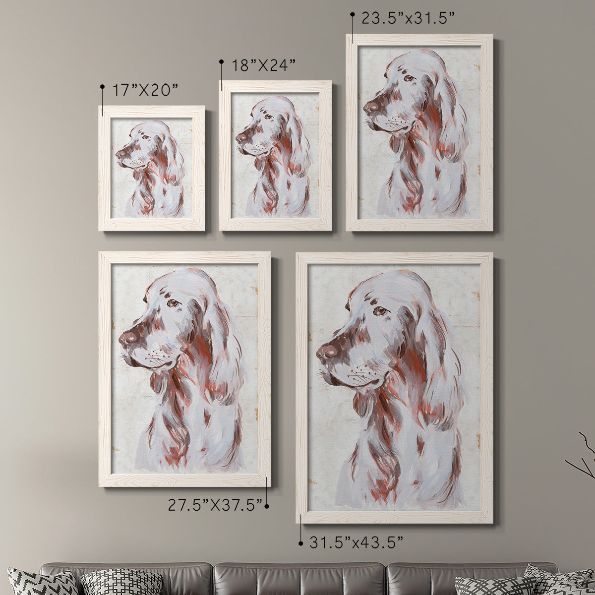 Size comparison chart for a set of two white barnwood framed canvas prints.