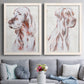 Set of two white barnwood framed canvas prints depicting paired traditional watercolor pet paintings with soft brown and gray fur, expressive faces, and lightly distressed cream grounds above a sofa in a contemporary living room.