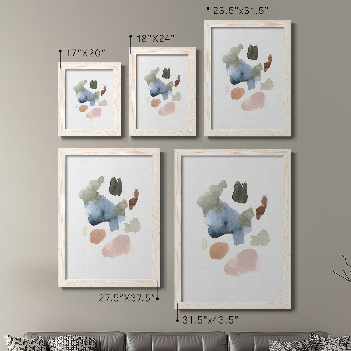 Size comparison chart for a set of two white barnwood framed canvas prints.