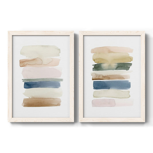 Set of two white barnwood framed canvas prints featuring two minimalist color-study abstracts featuring stacked watercolor swatches in muted neutral hues.