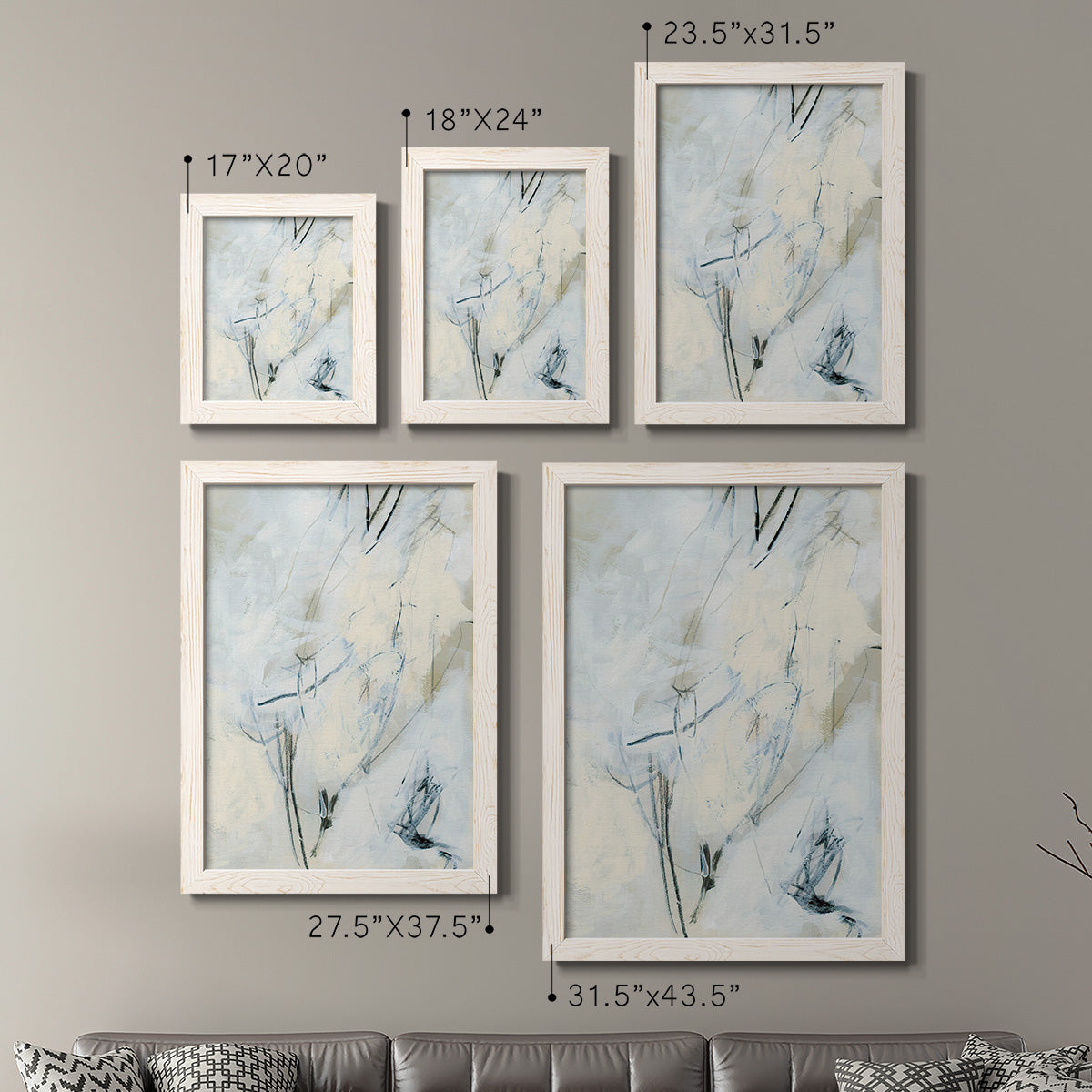 Size comparison chart for a set of two white barnwood framed canvas prints.