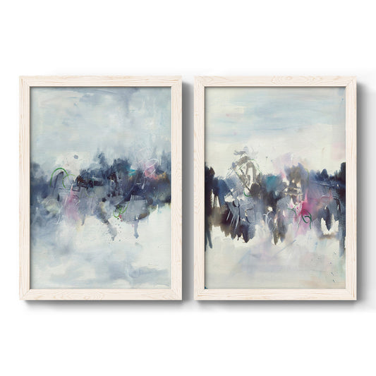 Set of two white barnwood framed canvas prints featuring two atmospheric abstract paintings featuring misty blue gray and violet marks hovering across pale grounds.