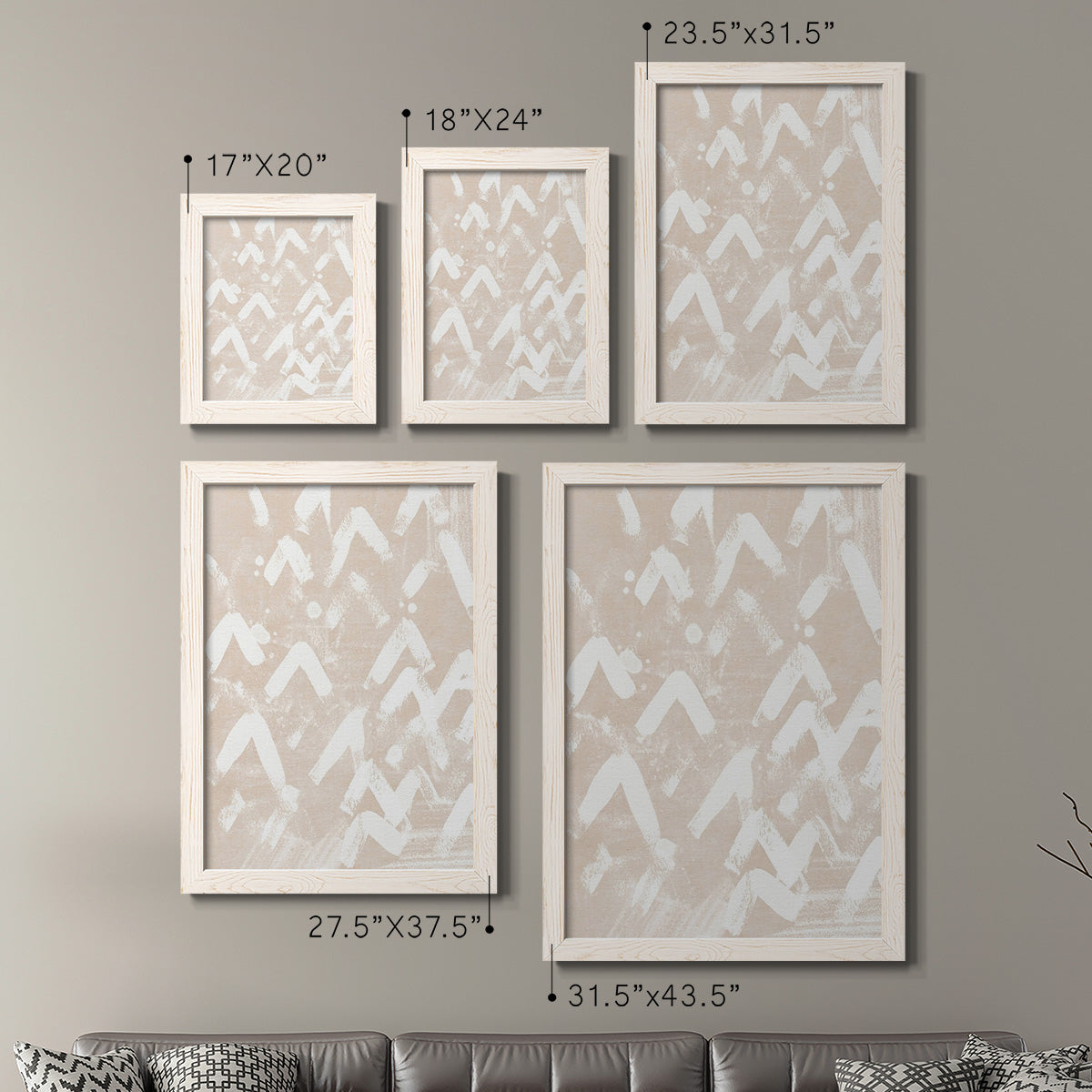 Size comparison chart for a set of two white barnwood framed canvas prints.