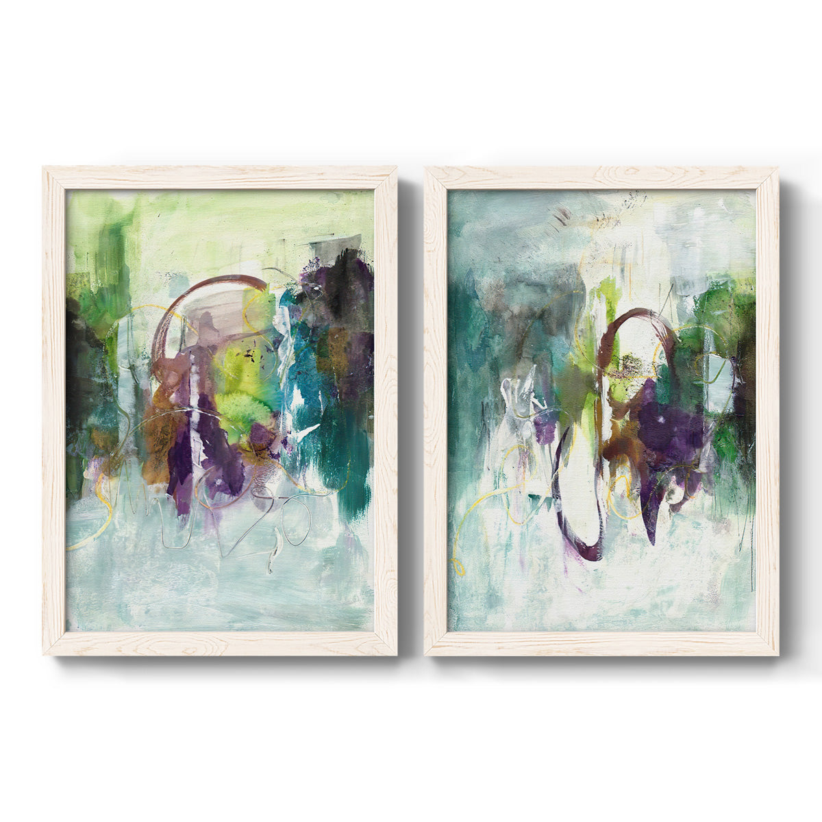 Set of two white barnwood framed canvas prints featuring two expressive contemporary abstracts featuring layered green purple and gray painterly forms.