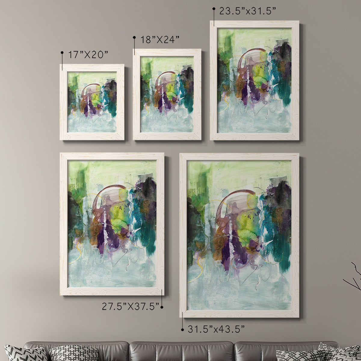 Size comparison chart for a set of two white barnwood framed canvas prints.