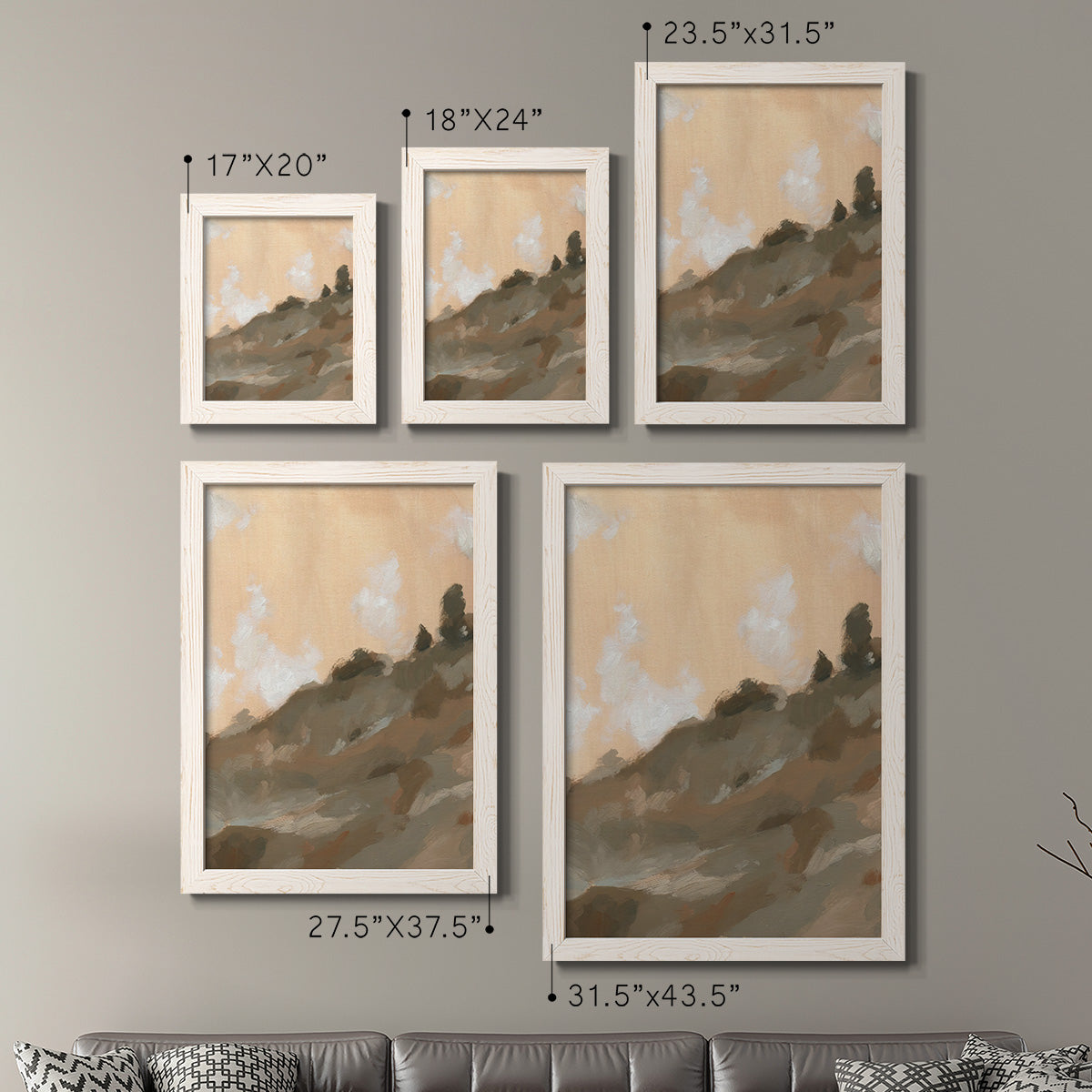 Size comparison chart for a set of two white barnwood framed canvas prints.