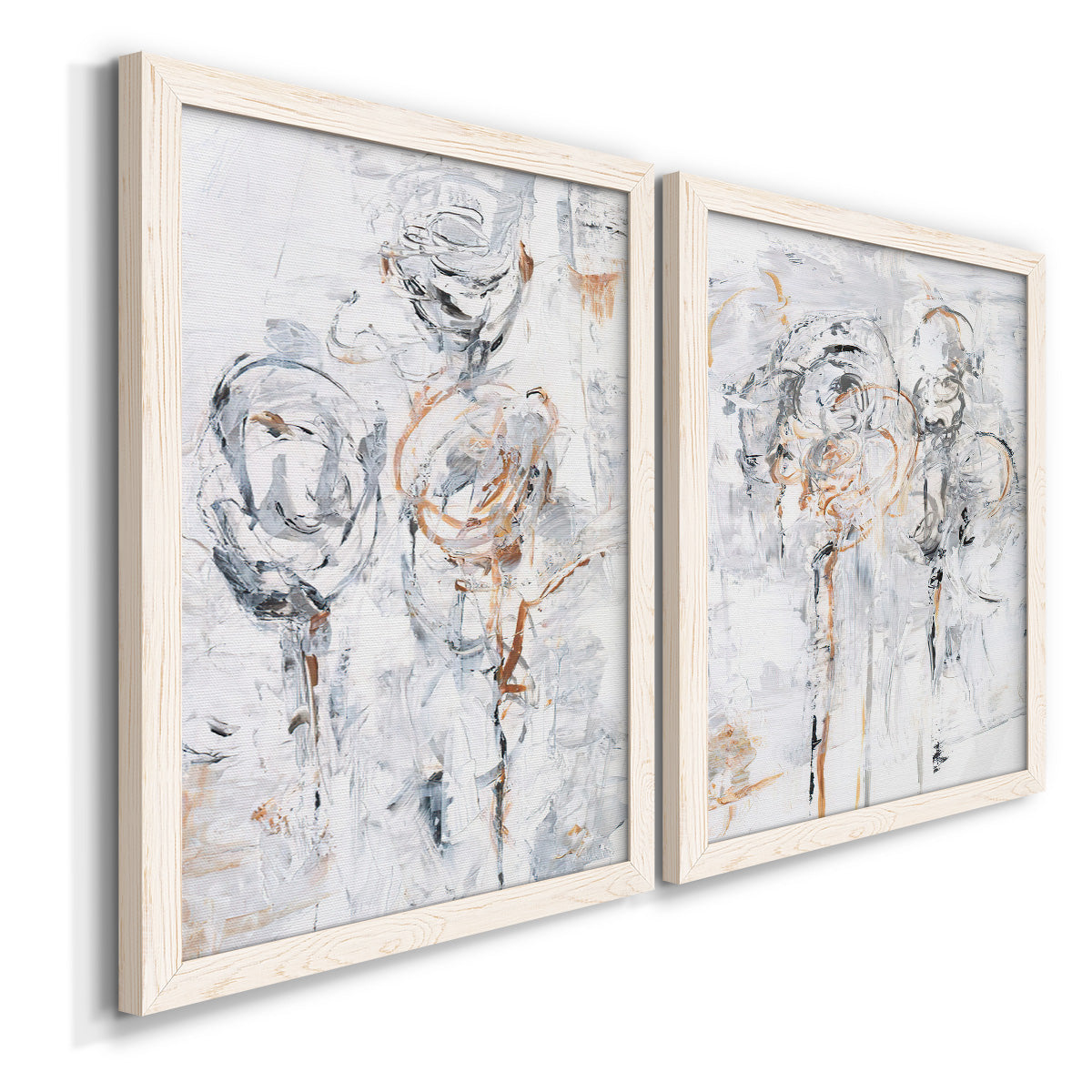 Angled view of a set of two white barnwood framed canvas prints featuring two expressive floral abstracts featuring loosely suggested flowers and stems in pale gray and peach.