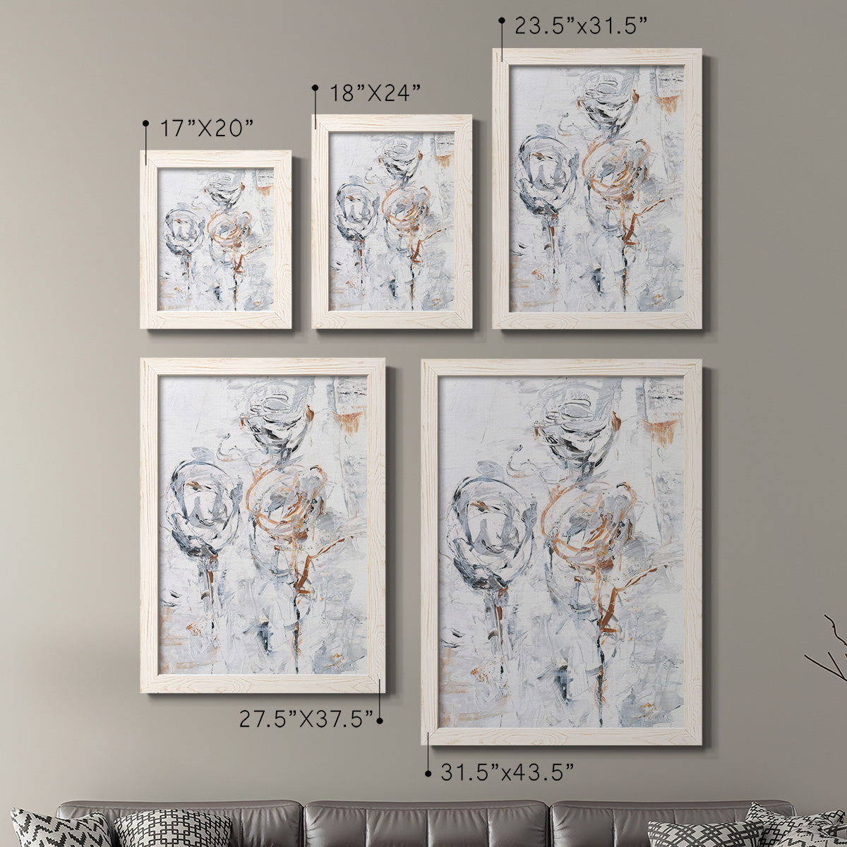 Size comparison chart for a set of two white barnwood framed canvas prints.