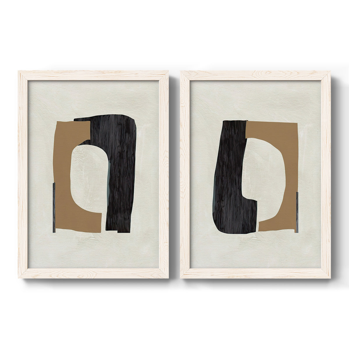 Set of two white barnwood framed canvas prints featuring two minimalist geometric collage abstracts featuring black brown and cream cutout-like forms.