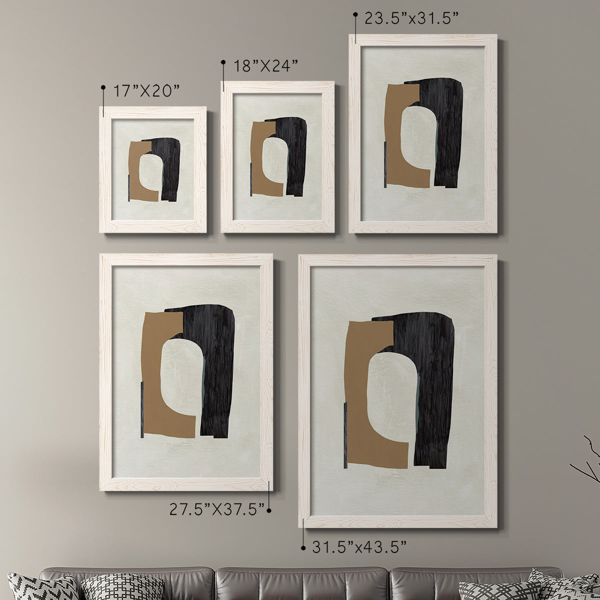 Size comparison chart for a set of two white barnwood framed canvas prints.