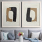 Set of two white barnwood framed canvas prints depicting paired minimalist geometric collage abstracts with flat rounded rectangles, irregular openings, and warm paper texture above a sofa in a contemporary living room.