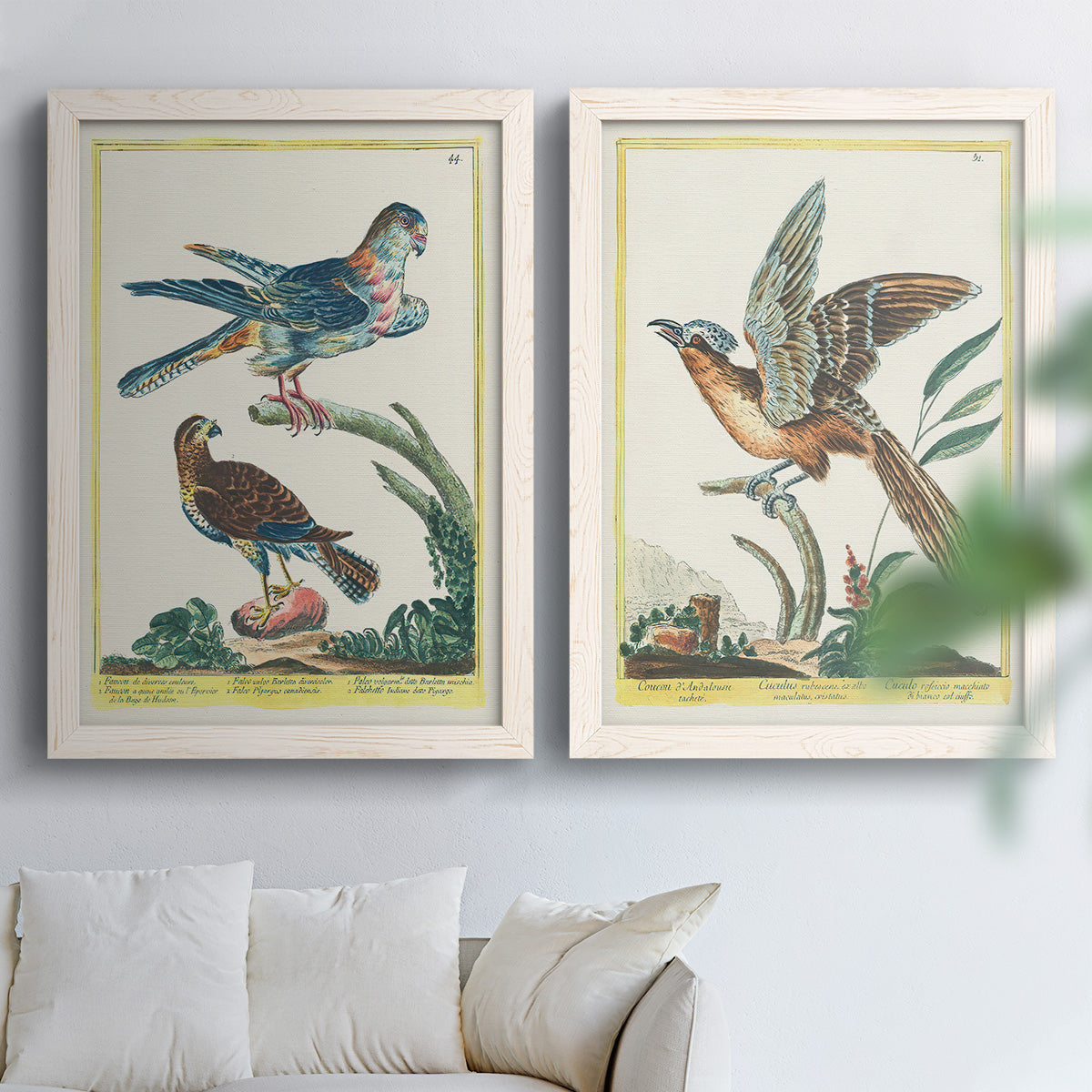 Set of two white barnwood framed canvas prints depicting soft clustered strokes, hazy edges, and spacious white fields arranged across two complementary compositions above a sofa in a bright living space.