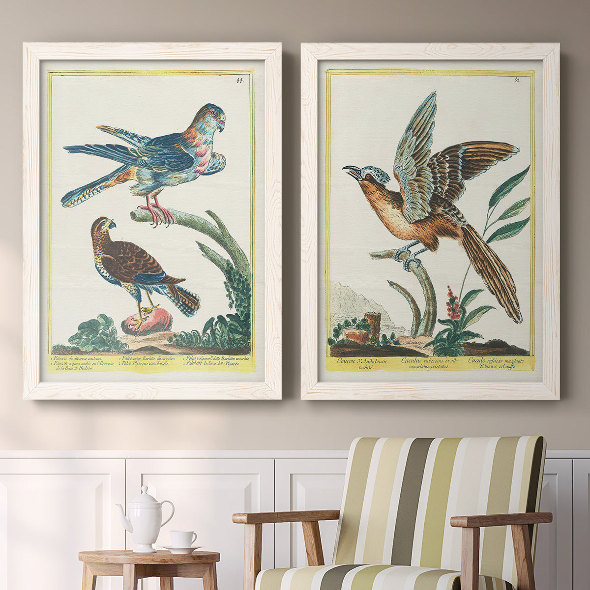 Set of two white barnwood framed canvas prints depicting two atmospheric abstract paintings featuring misty blue gray and violet marks hovering across pale grounds above a sideboard in a cozy sitting room.