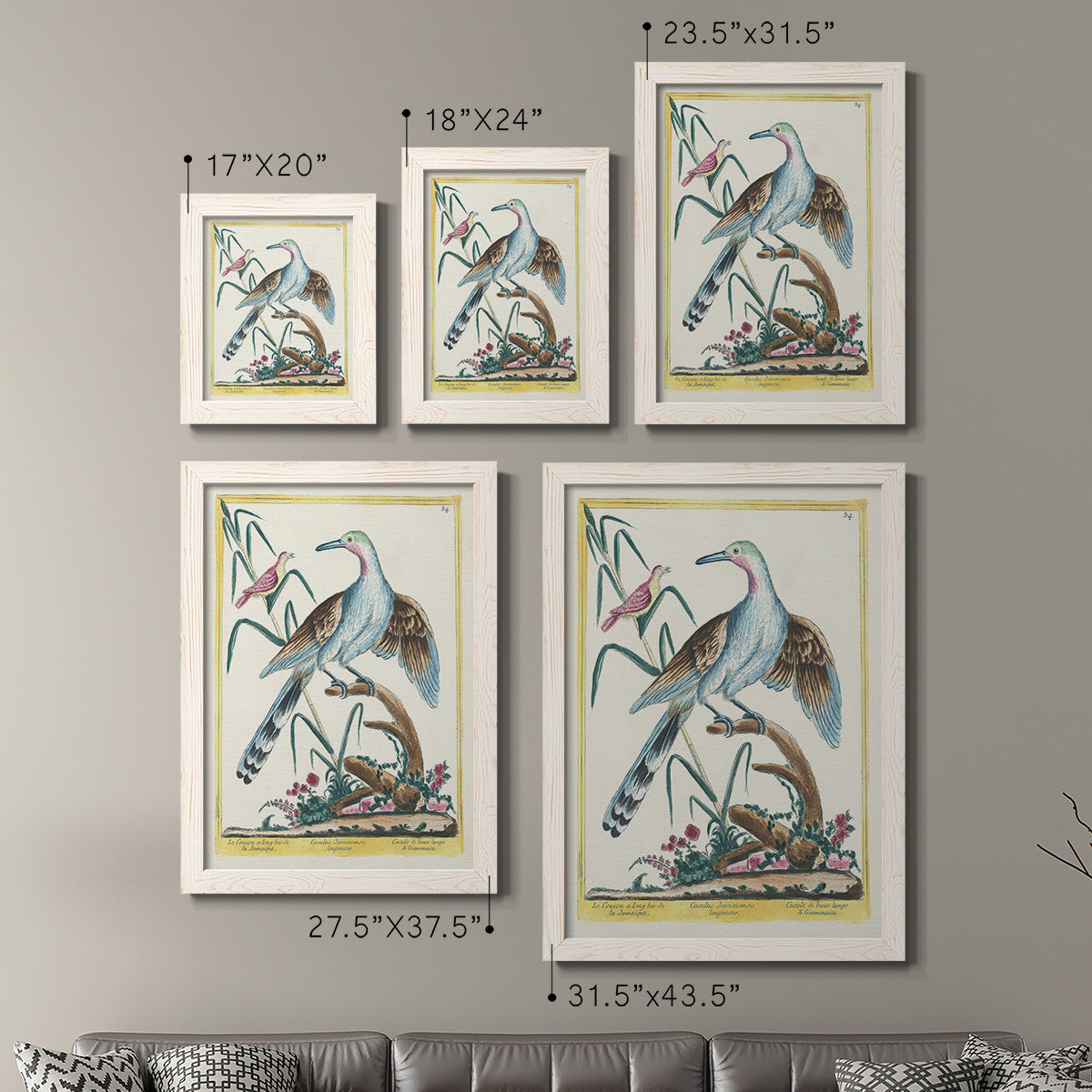 Size comparison chart for a set of two white barnwood framed canvas prints.