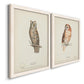 Angled view of a set of two white barnwood framed canvas prints featuring two antique bird plate illustrations featuring vintage owl specimens perched in natural settings.