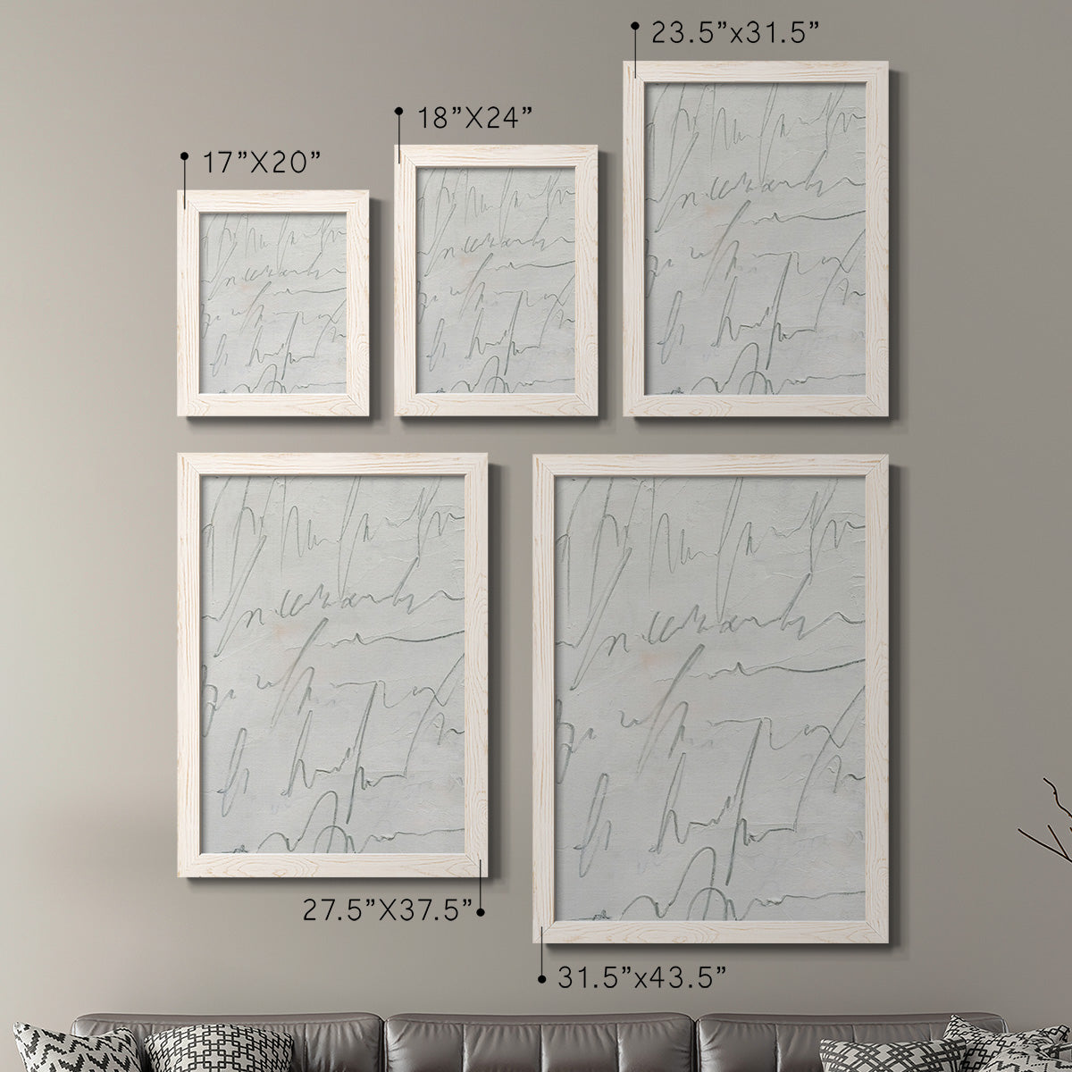 Size comparison chart for a set of two white barnwood framed canvas prints.