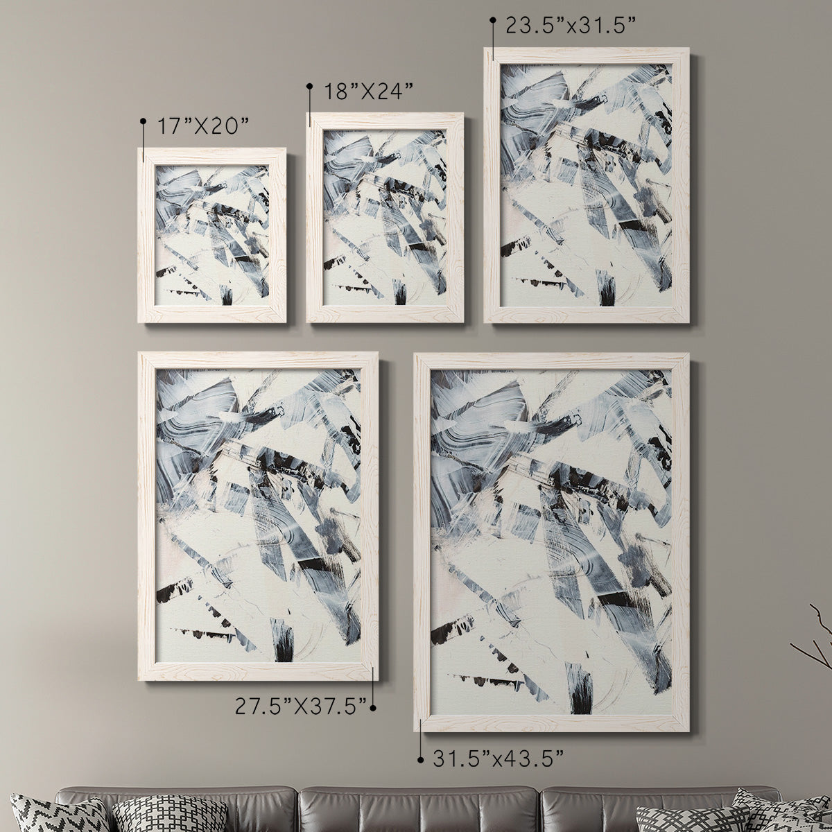Size comparison chart for a set of two white barnwood framed canvas prints.