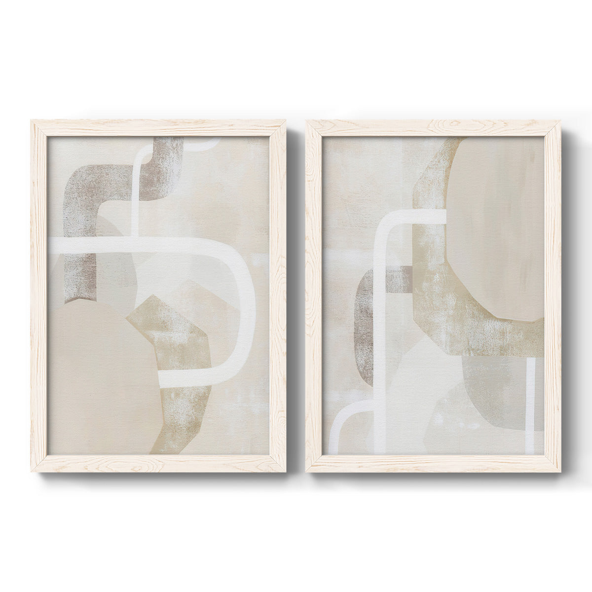 Set of two white barnwood framed canvas prints featuring two neutral geometric abstracts with overlapping rounded forms white lines and soft beige gray textures.