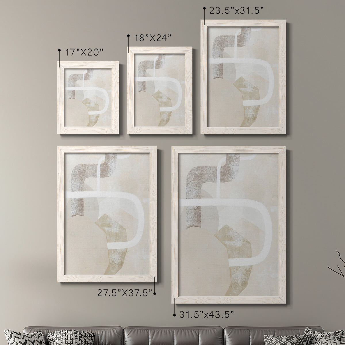 Size comparison chart for a set of two white barnwood framed canvas prints.
