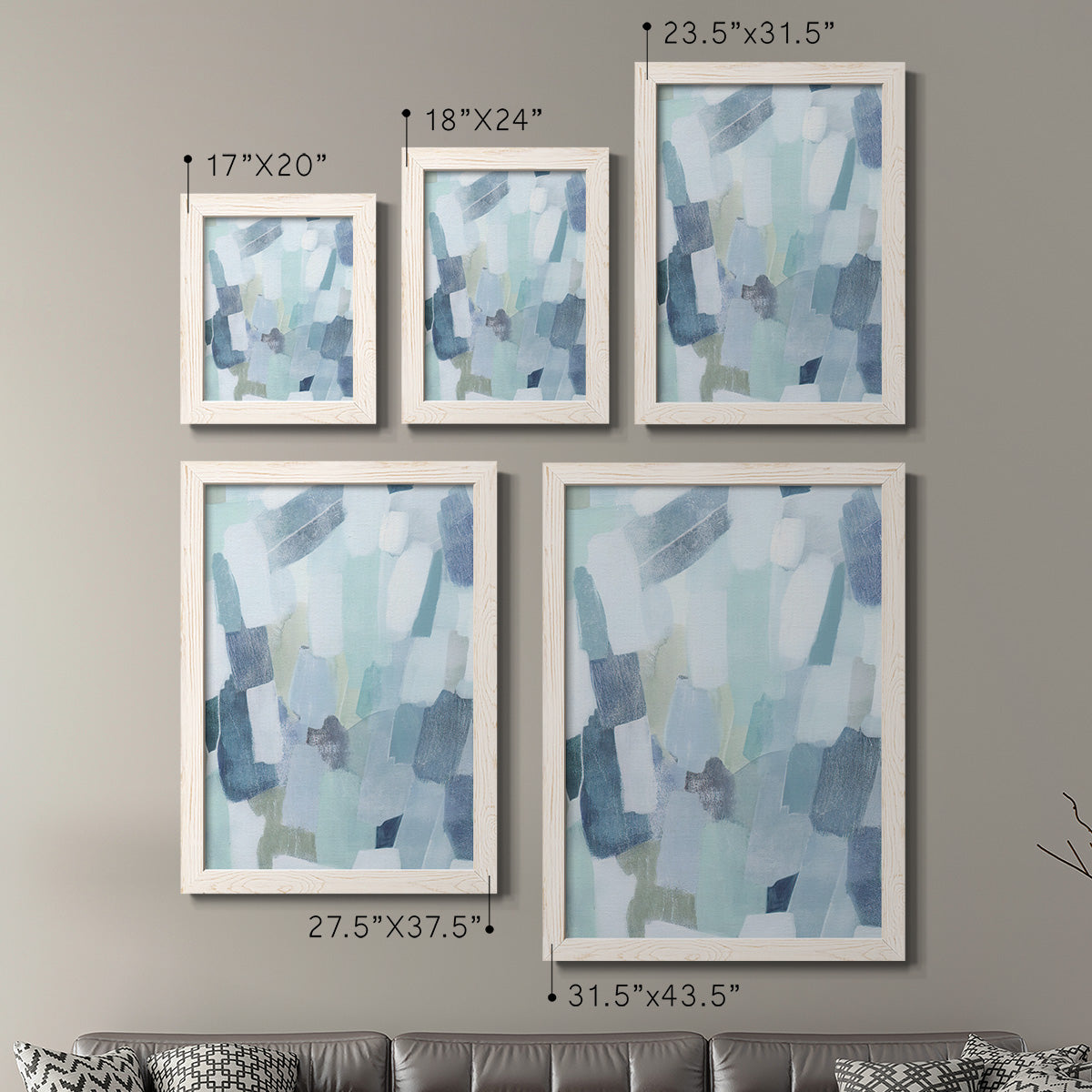 Size comparison chart for a set of two white barnwood framed canvas prints.