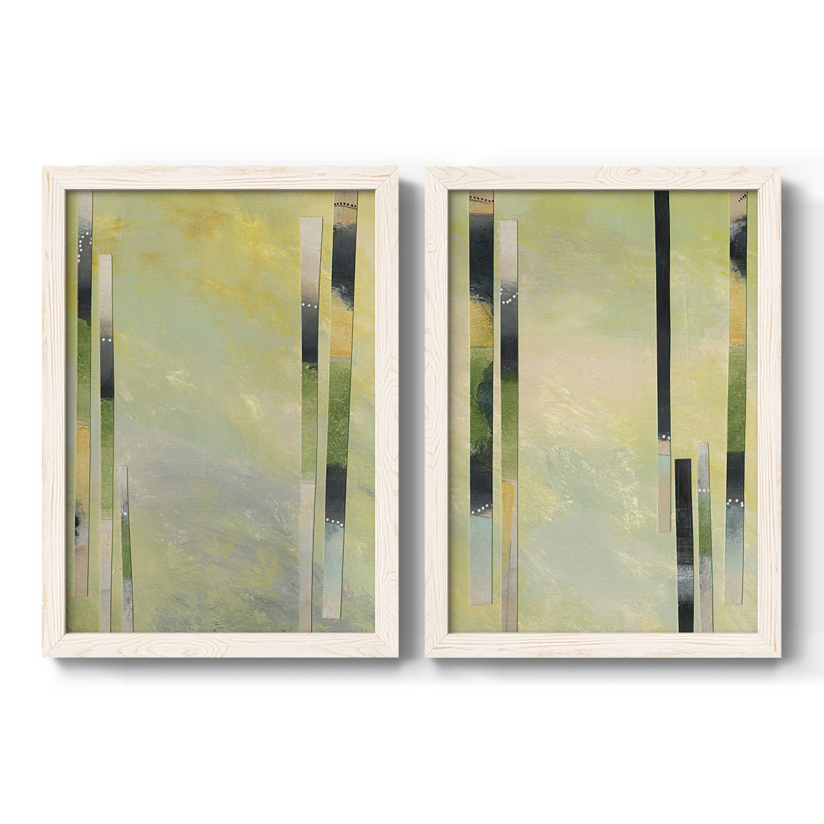 Set of two white barnwood framed canvas prints featuring two minimalist architectural abstracts featuring vertical black gray and olive bars.