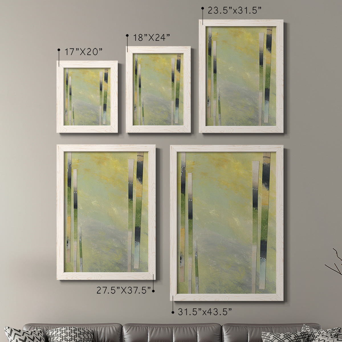 Size comparison chart for a set of two white barnwood framed canvas prints.