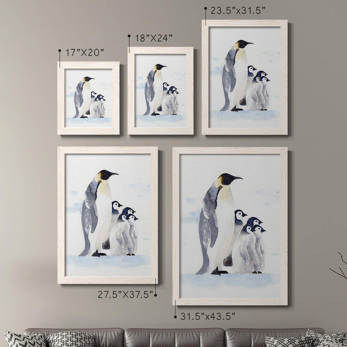 Size comparison chart for a set of two white barnwood framed canvas prints.