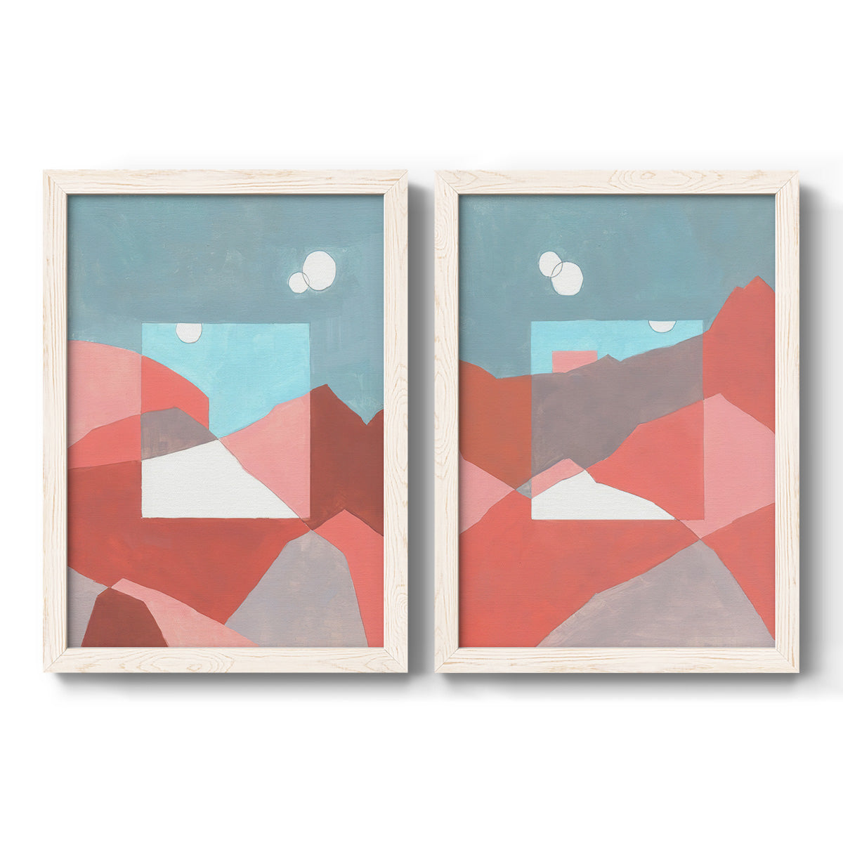 Set of two white barnwood framed canvas prints featuring two modern abstract landscapes featuring layered red coral and turquoise desert-like geometry.
