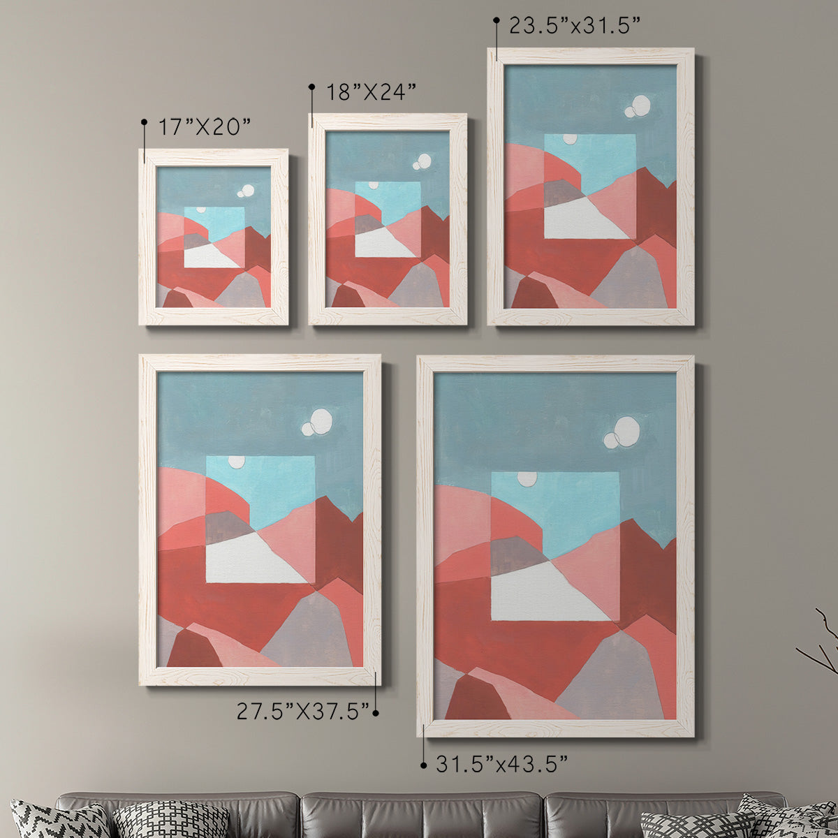 Size comparison chart for a set of two white barnwood framed canvas prints.