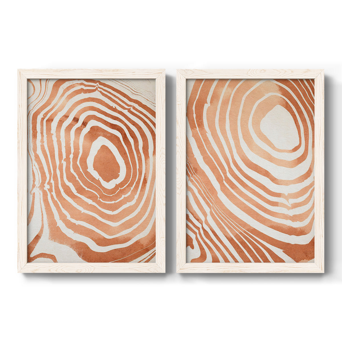 Set of two white barnwood framed canvas prints featuring two minimalist marbled pattern abstracts featuring concentric wood-grain rings and rippling contour lines.