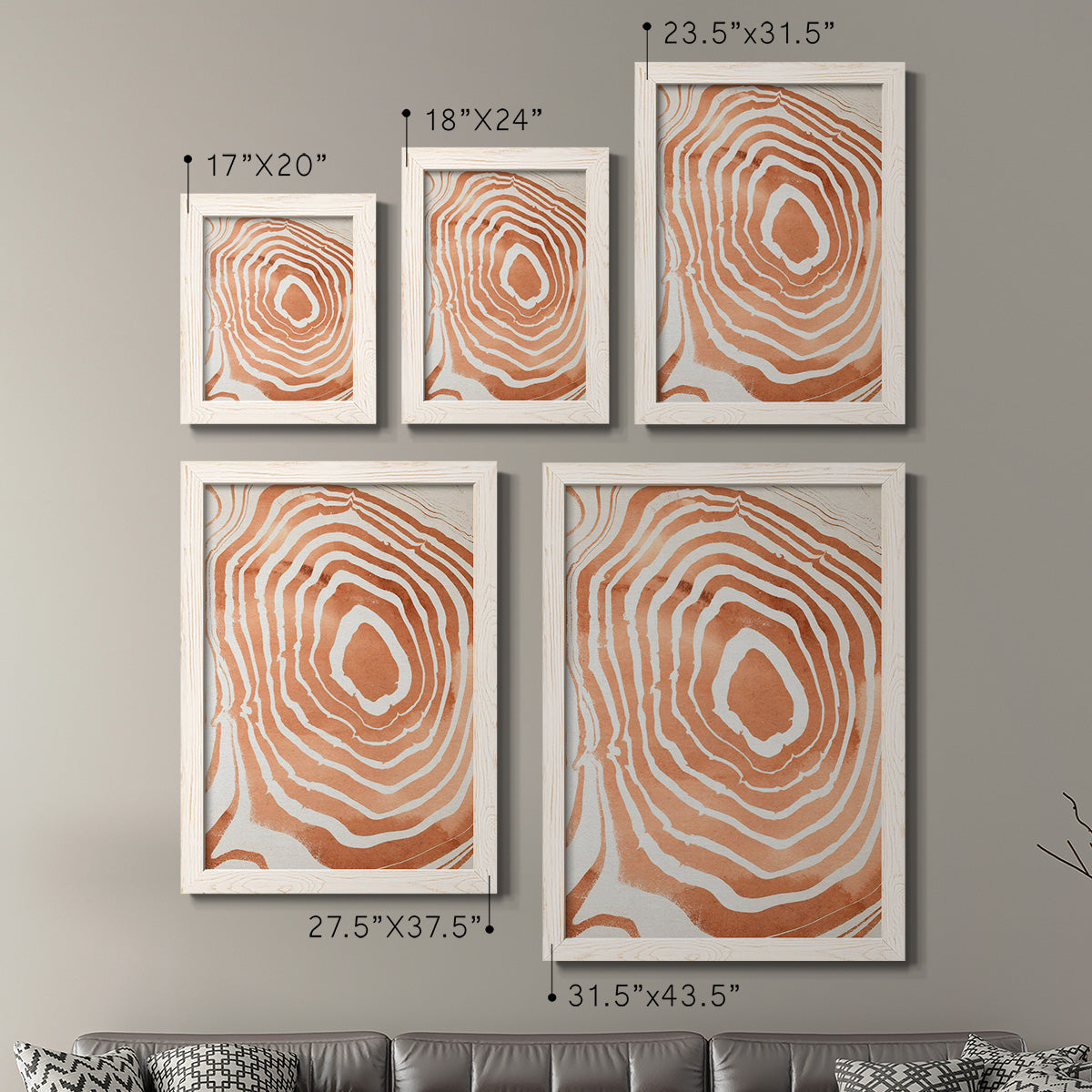 Size comparison chart for a set of two white barnwood framed canvas prints.