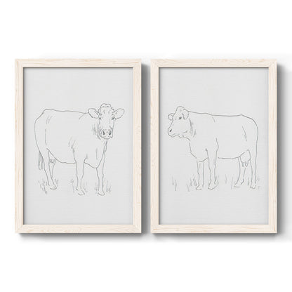 Set of two white barnwood framed canvas prints featuring two minimalist livestock sketches featuring simple contour drawings of standing cows.