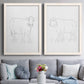 Set of two white barnwood framed canvas prints depicting paired minimalist livestock sketches with fine gray lines, white backgrounds, and quiet farm-animal profiles above a sofa in a contemporary living room.
