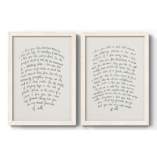 Set of two white barnwood framed canvas prints featuring two romantic typographic prints featuring handwritten love letters on aged cream paper.