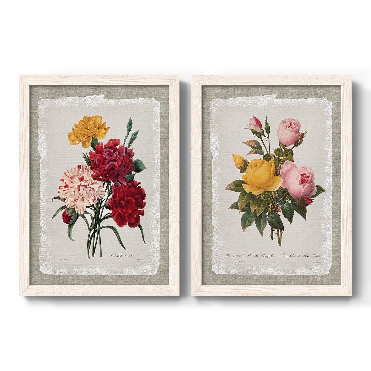 Set of two white barnwood framed canvas prints featuring two traditional botanical collage prints featuring vintage mixed-flower bouquets on distressed paper.