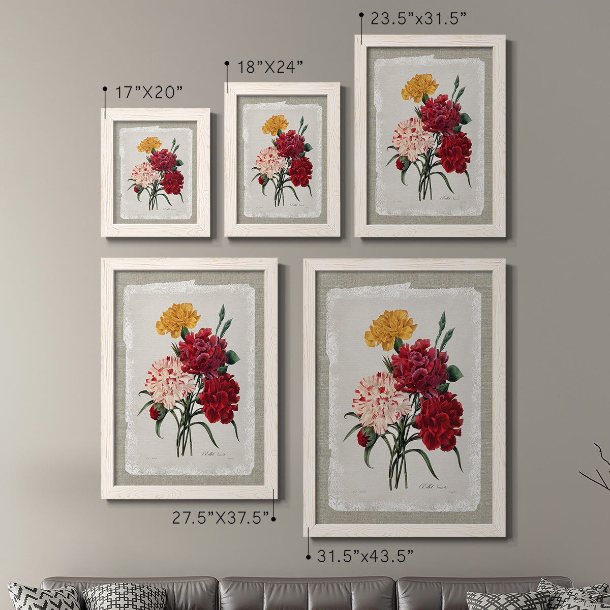 Size comparison chart for a set of two white barnwood framed canvas prints.