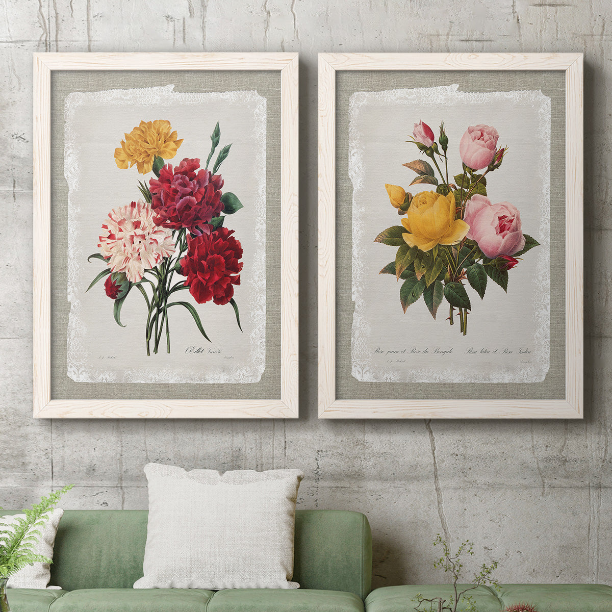 Set of two white barnwood framed canvas prints depicting a coordinated art pair of vintage mixed-flower bouquets on distressed paper rendered as traditional botanical collage prints above a sofa in a modern living room.