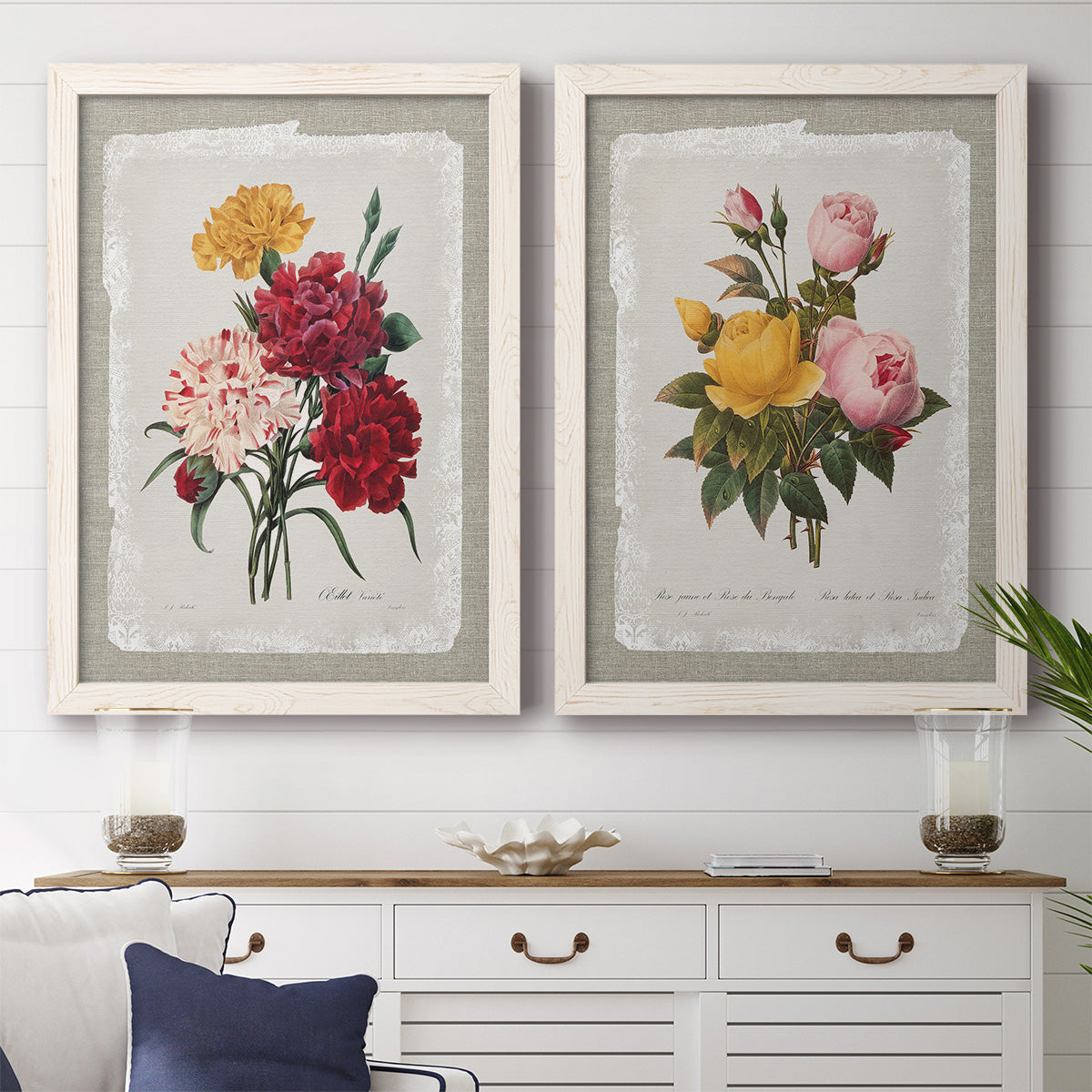 Set of two white barnwood framed canvas prints depicting a coordinated art pair of vintage mixed-flower bouquets on distressed paper rendered as traditional botanical collage prints above a dining room sideboard.