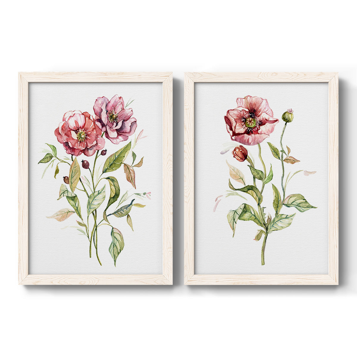 Set of two white barnwood framed canvas prints featuring two traditional watercolor flower studies featuring two airy wildflower stems with pink and burgundy blossoms.