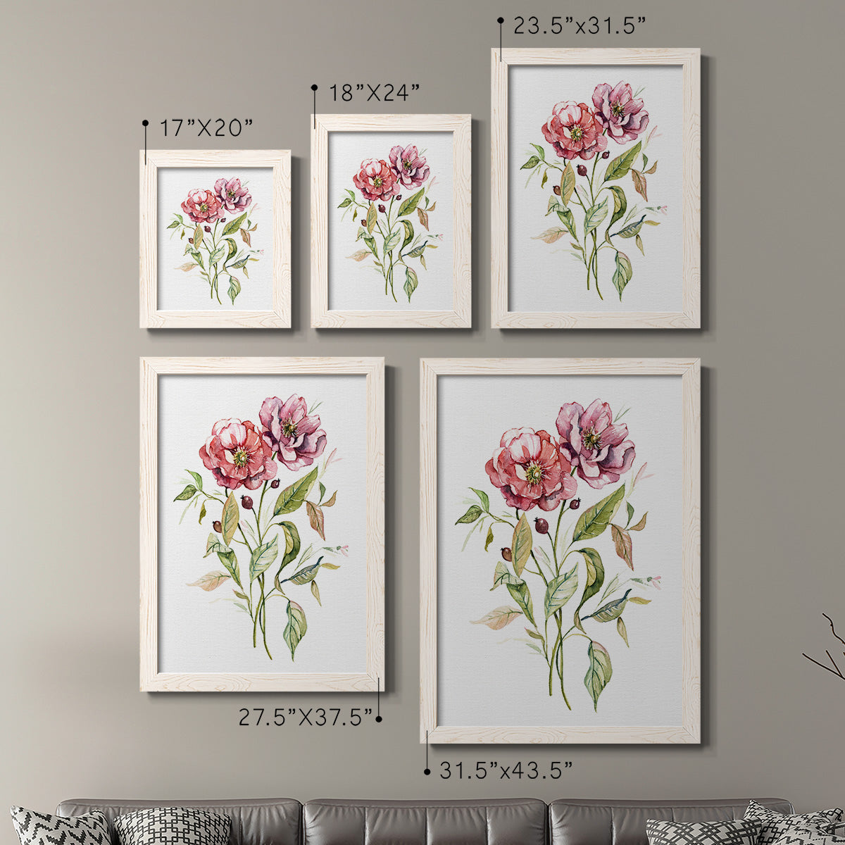 Size comparison chart for a set of two white barnwood framed canvas prints.
