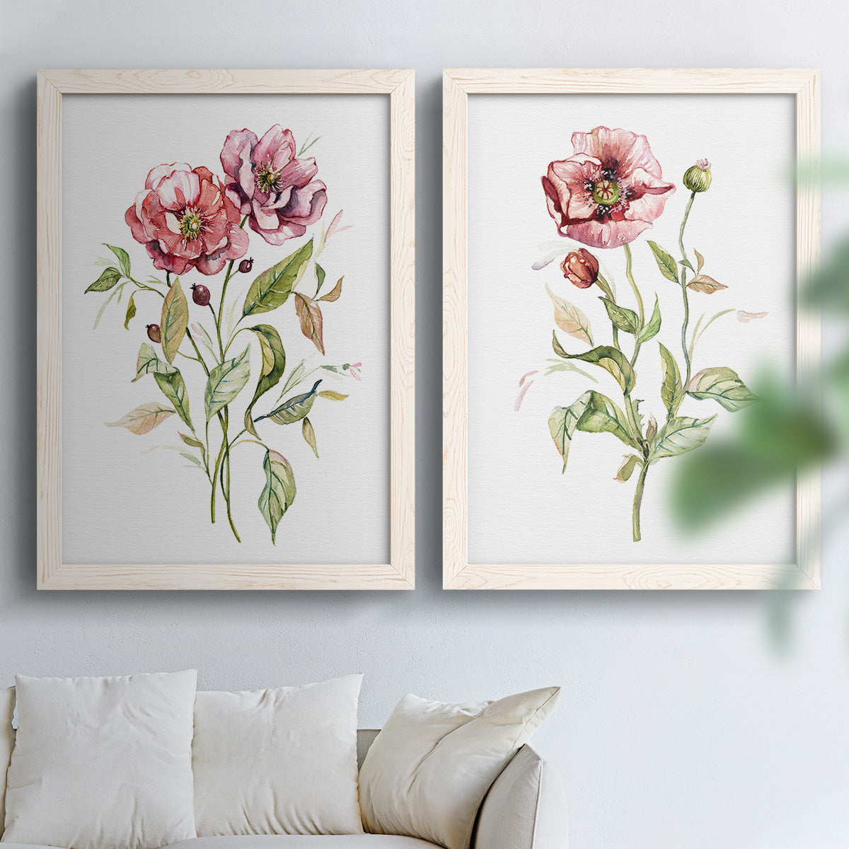 Set of two white barnwood framed canvas prints depicting fine green stems, open rose petals, and ample white space arranged across two complementary compositions above a sofa in a bright living space.
