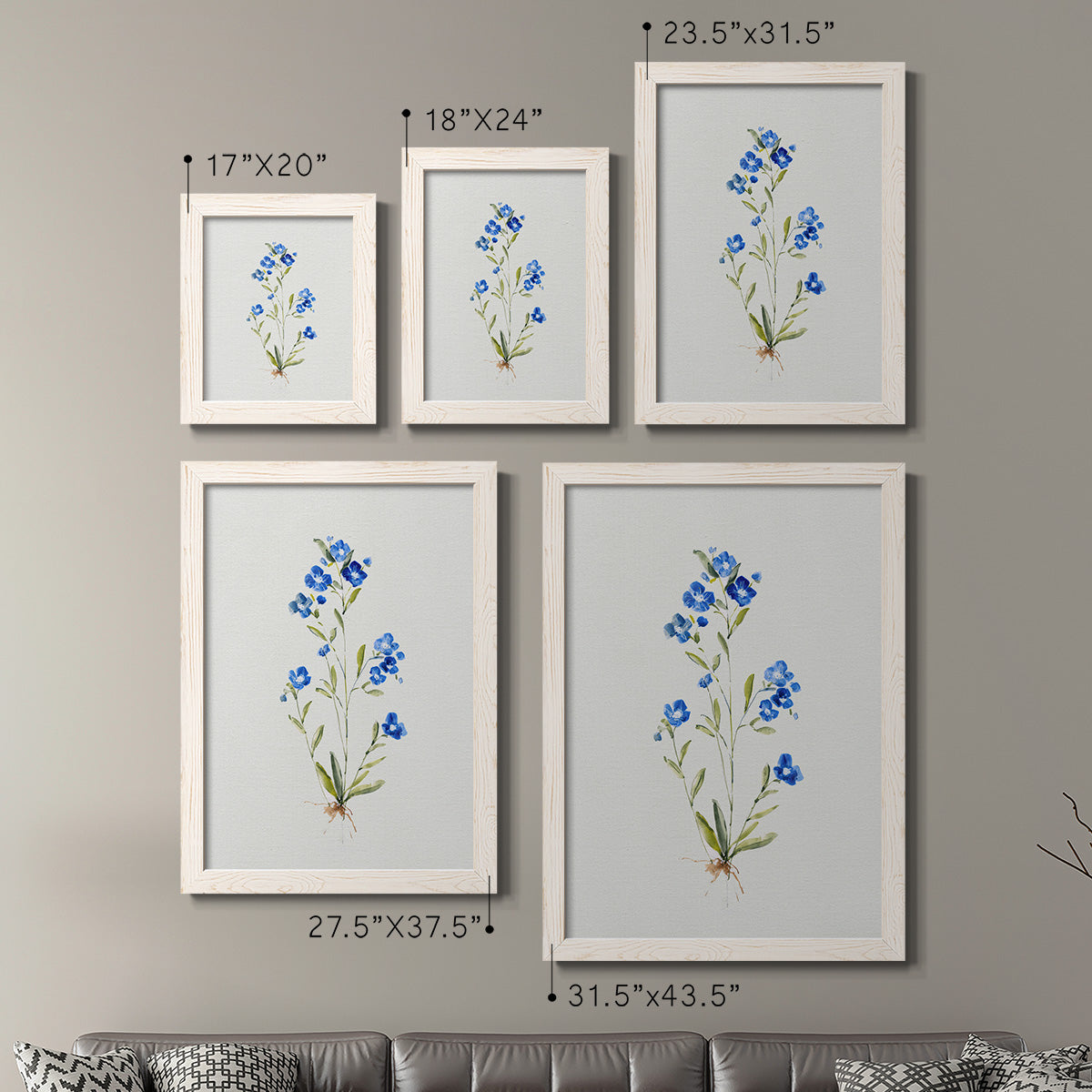 Size comparison chart for a set of two white barnwood framed canvas prints.