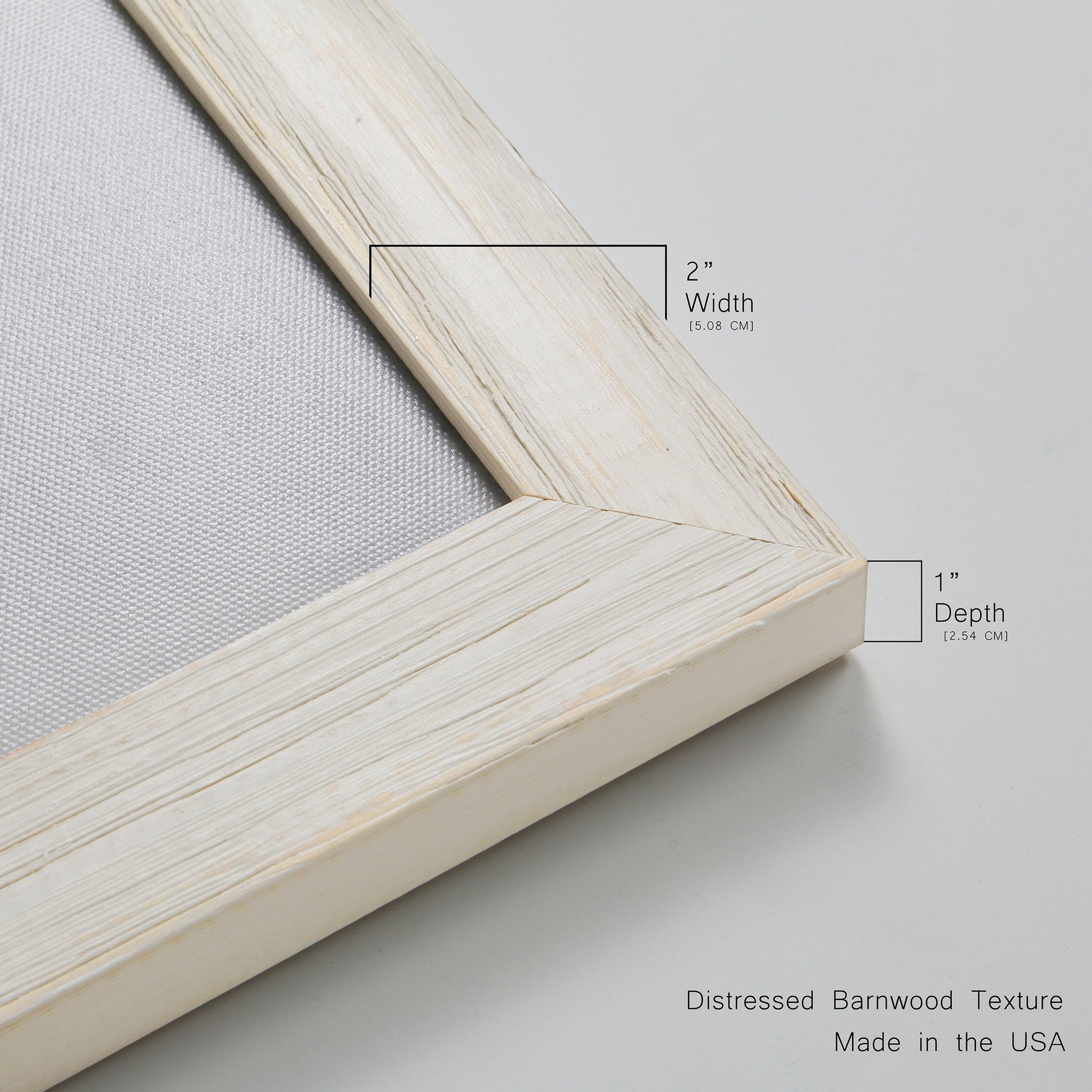 Close-up of the white barnwood frame corner and gallery-wrapped canvas construction.