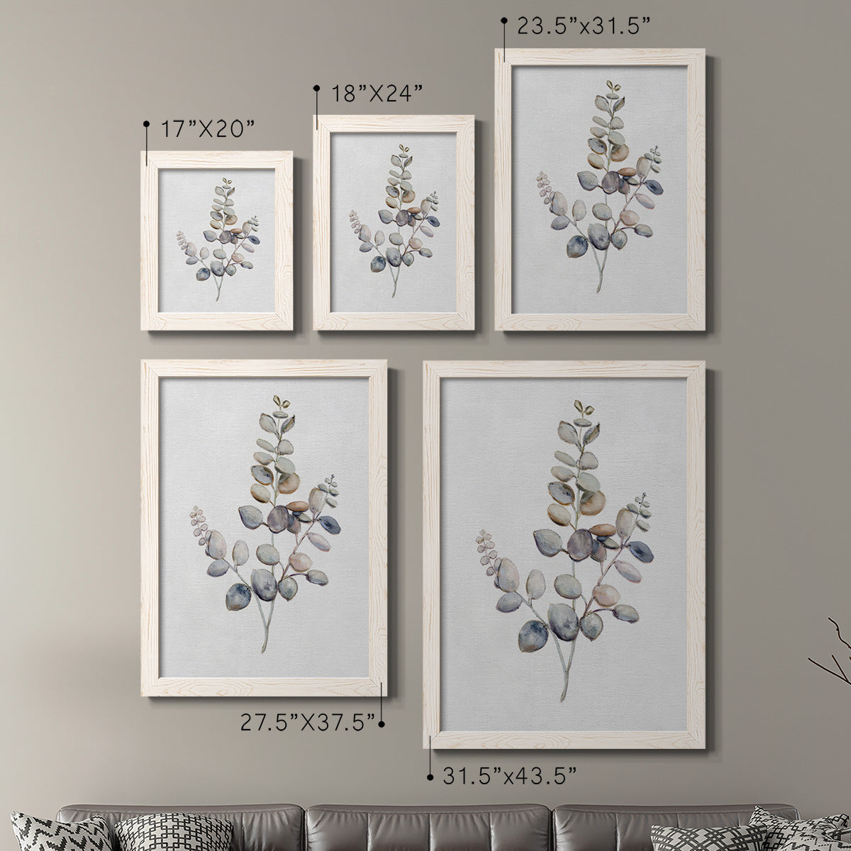 Size comparison chart for a set of two white barnwood framed canvas prints.
