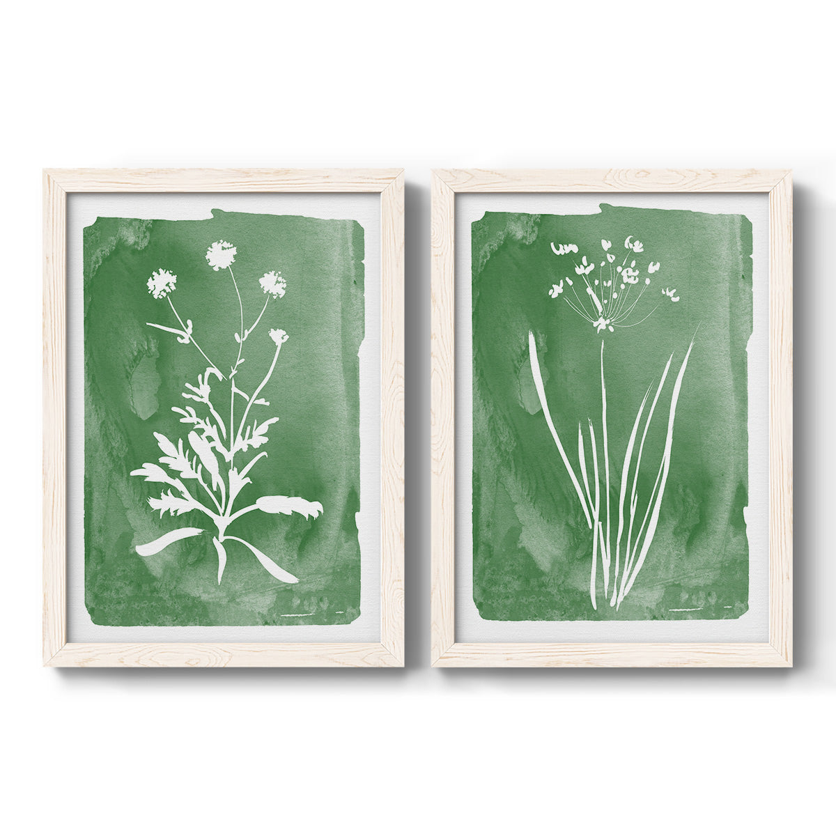 Set of two white barnwood framed canvas prints featuring two rustic minimalist botanical studies featuring delicate wildflower and leafy stems.
