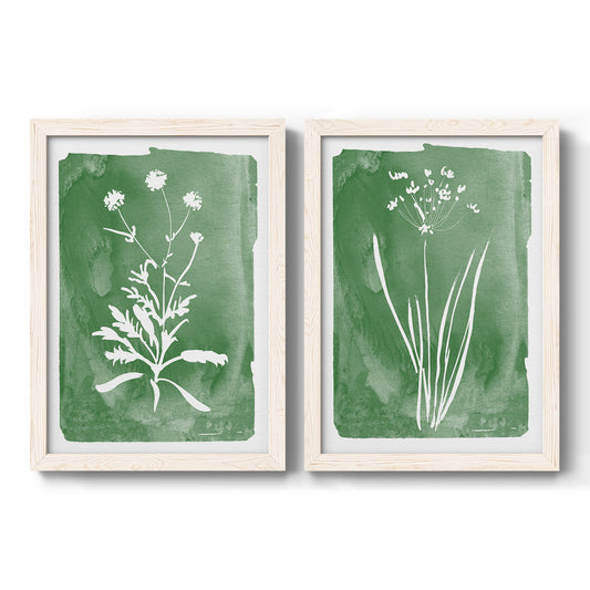 Set of two white barnwood framed canvas prints featuring two rustic minimalist botanical studies featuring delicate wildflower and leafy stems.
