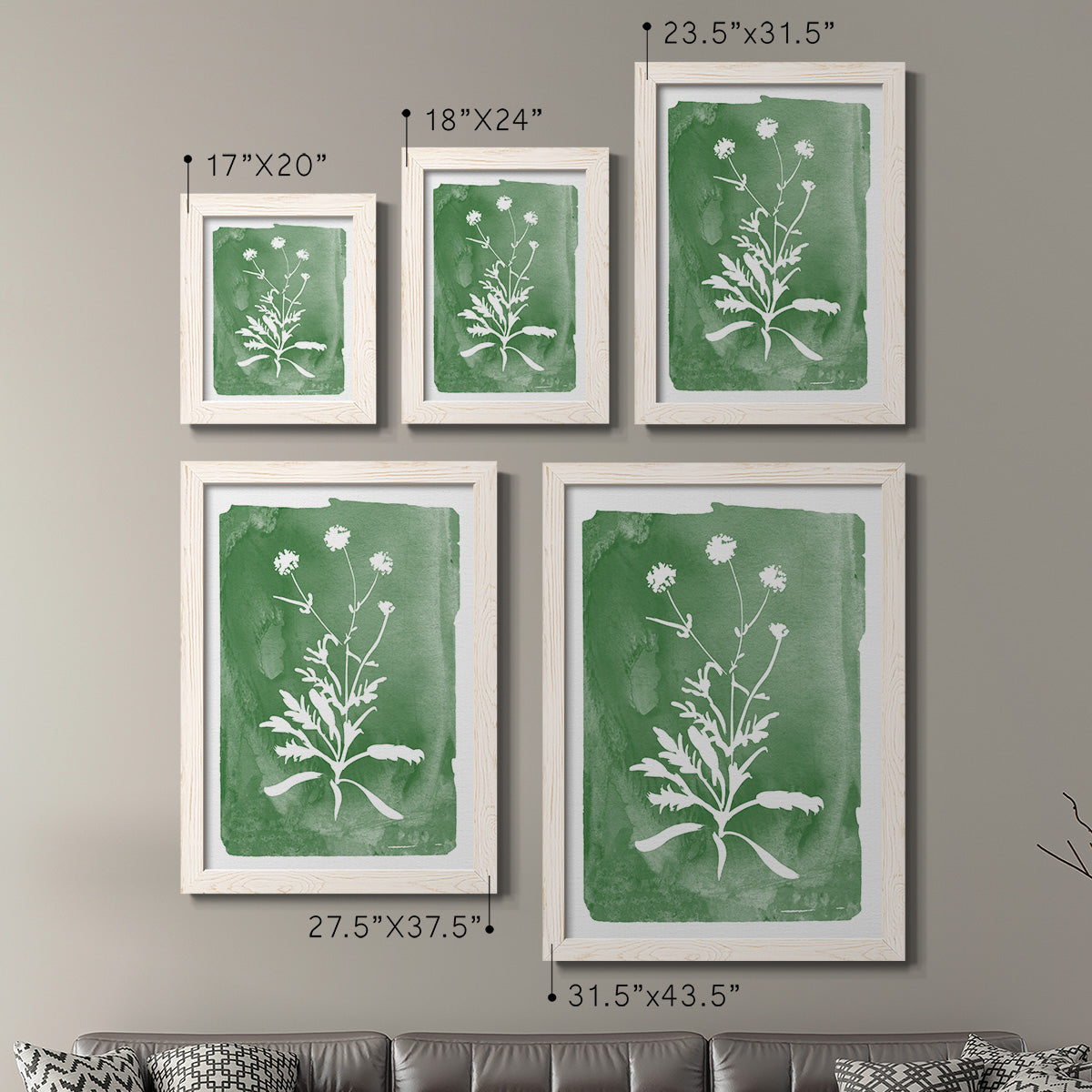 Size comparison chart for a set of two white barnwood framed canvas prints.