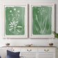 Set of two white barnwood framed canvas prints depicting a coordinated art pair of delicate wildflower and leafy stems rendered as rustic minimalist botanical studies above a dining room sideboard.